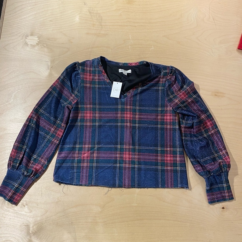 Cato Plaid Crop Blouse - Navy and Pink XS (QO)